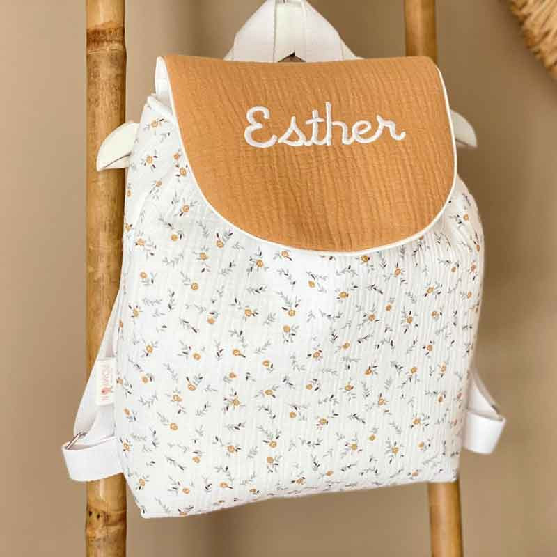 Sac à dos personnalisé à fleurs vert et camel Côme personnalisé