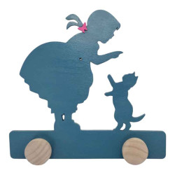 Patère murale en bois bleue Petite fille et Chat