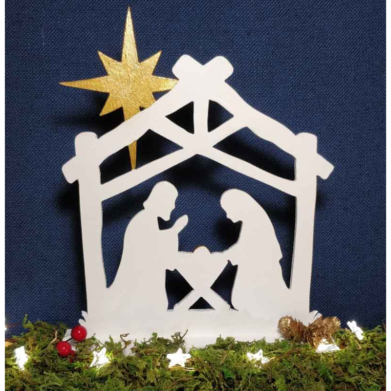 Crèche de Noël en bois avec Jésus, Marie, Joseph dans étable