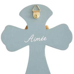 Croix en bois et tissu liberty avec prénom