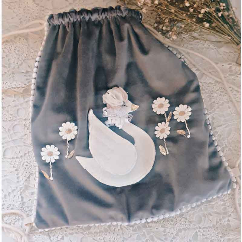 Sac à dos pochon en velours gris motif Cygne personnalisable