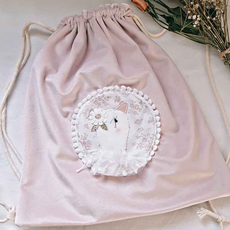 Sac à dos pochon en velours rose Médaillon Oie personnalisable