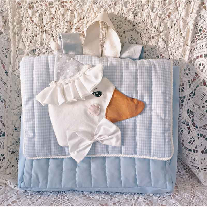Cartable oie - Sac à dos maternelle en coton vichy bleu personnalisable