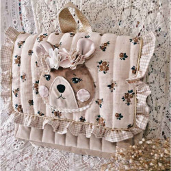 Cartable maternelle fille en velours beige motif ours