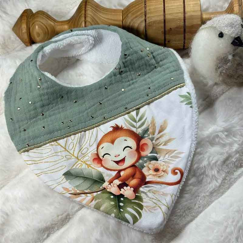 Bavoir bandana garçon double gaze de coton petit singe