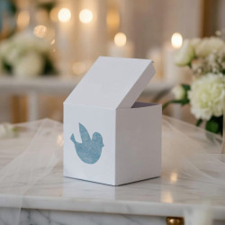Boîte à dragées personnalisée carton blanc thème oiseau bleu