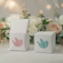 Boîtes à dragées personnalisée blanches thème oiseau baptême