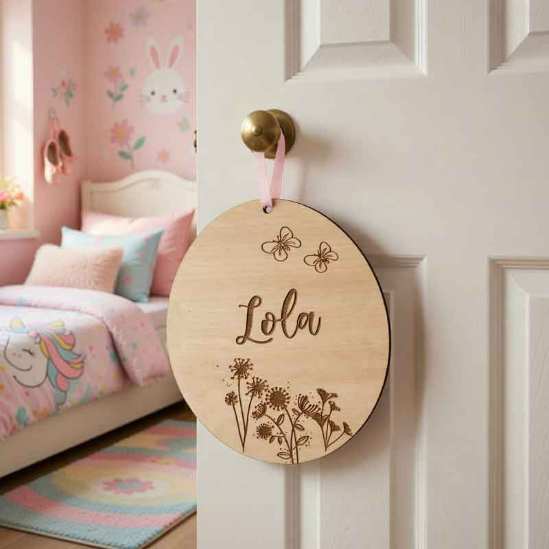 Plaque de porte prénom en bois fille Fleurs et Papillons