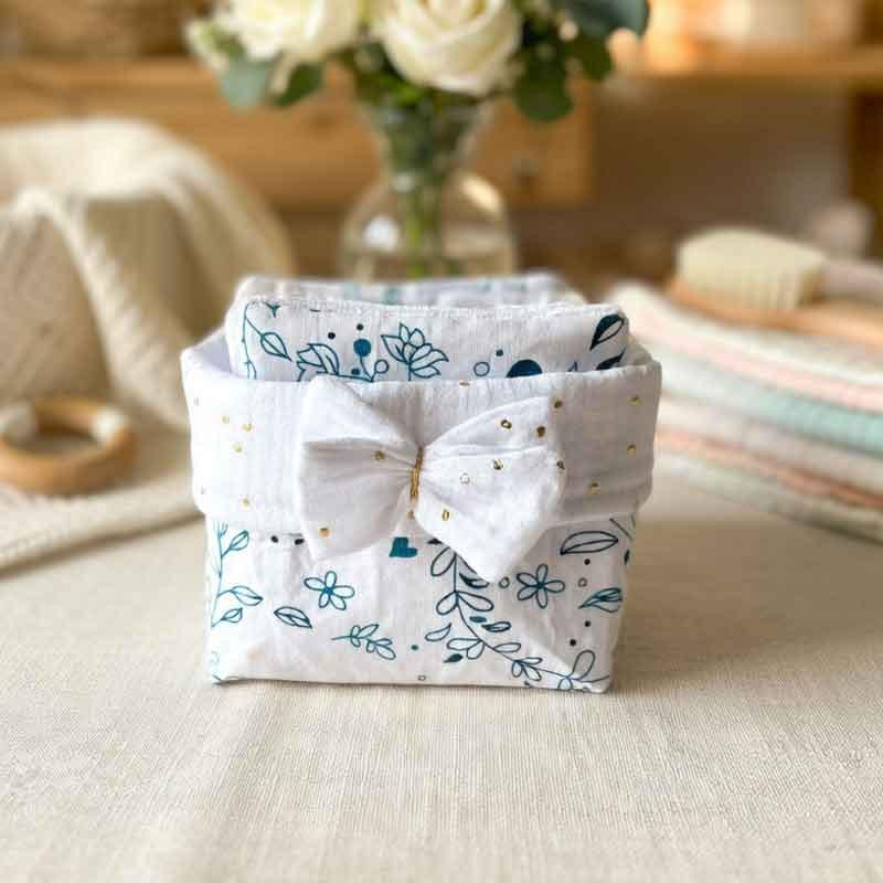 Ensemble panière en tissu coton et double gaze + lingettes lavables assorties