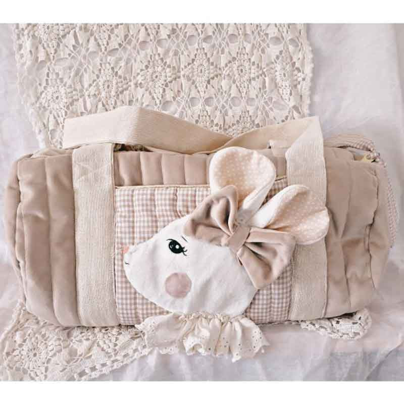 Sac bowling enfant velours et vichy beige souris