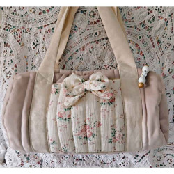 Sac bowling fille velours rose et double gaze fleurie