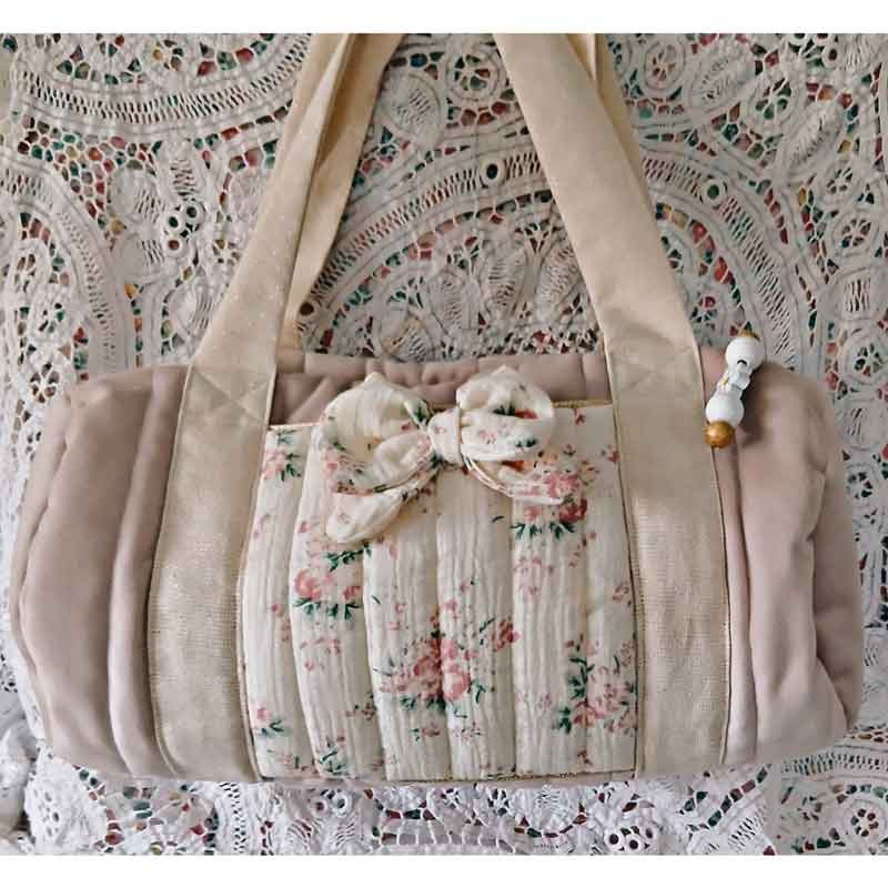Sac bowling fille velours rose et double gaze fleurie