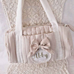 Sac bowling fille en vichy beige avec médaillon noeud personnalisable