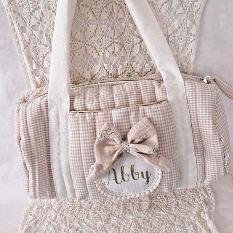 Sac bowling fille en vichy beige avec médaillon noeud personnalisable