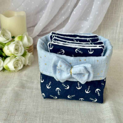 Panière en tissu en double gaze et tissu marin avec lingettes lavables