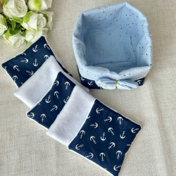 Panière en tissu et lingettes lavables ancres marines
