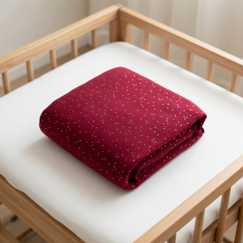 Couverture bébé double gaze à pois dorés bordeaux