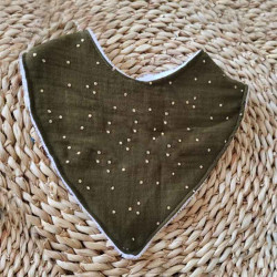 Bavoir bandana en double gaze de coton à pois dorés kaki