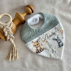 Bavoir bébé avec prénom tissu Animaux de la Forêt