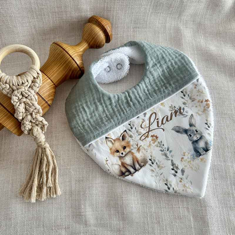 Bavoir bébé avec prénom tissu Animaux de la Forêt