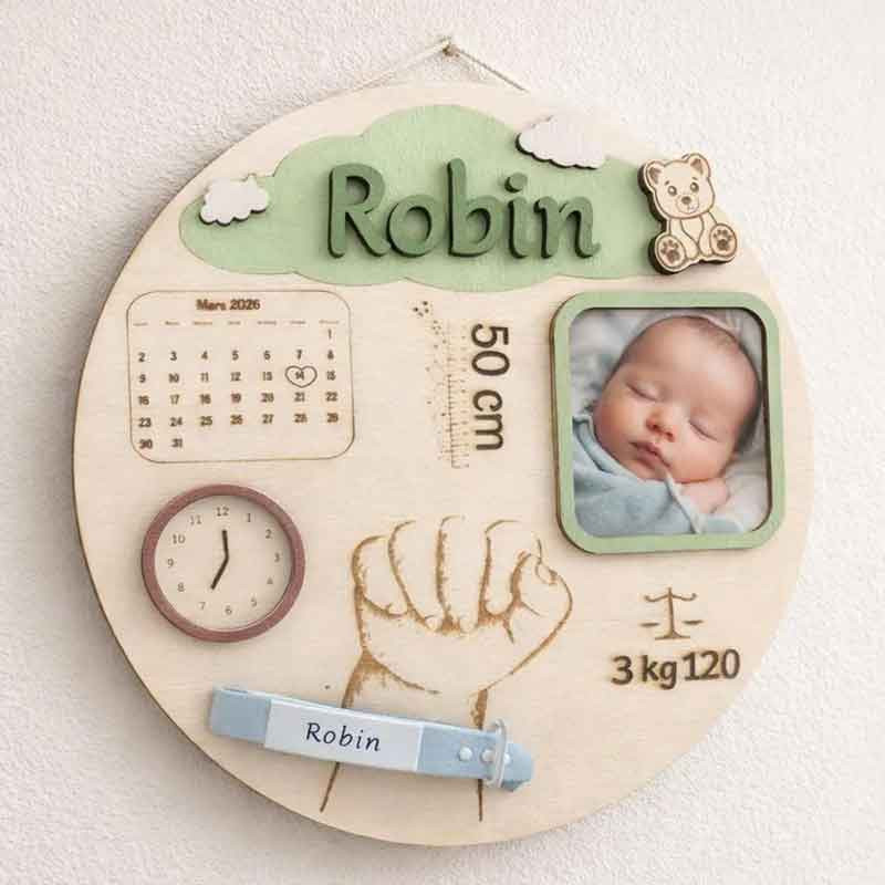 Plaque de naissance personnalisée en bois pour photo et bracelet