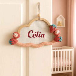 Plaque de porte prénom nuage personnalisée fraises au crochet